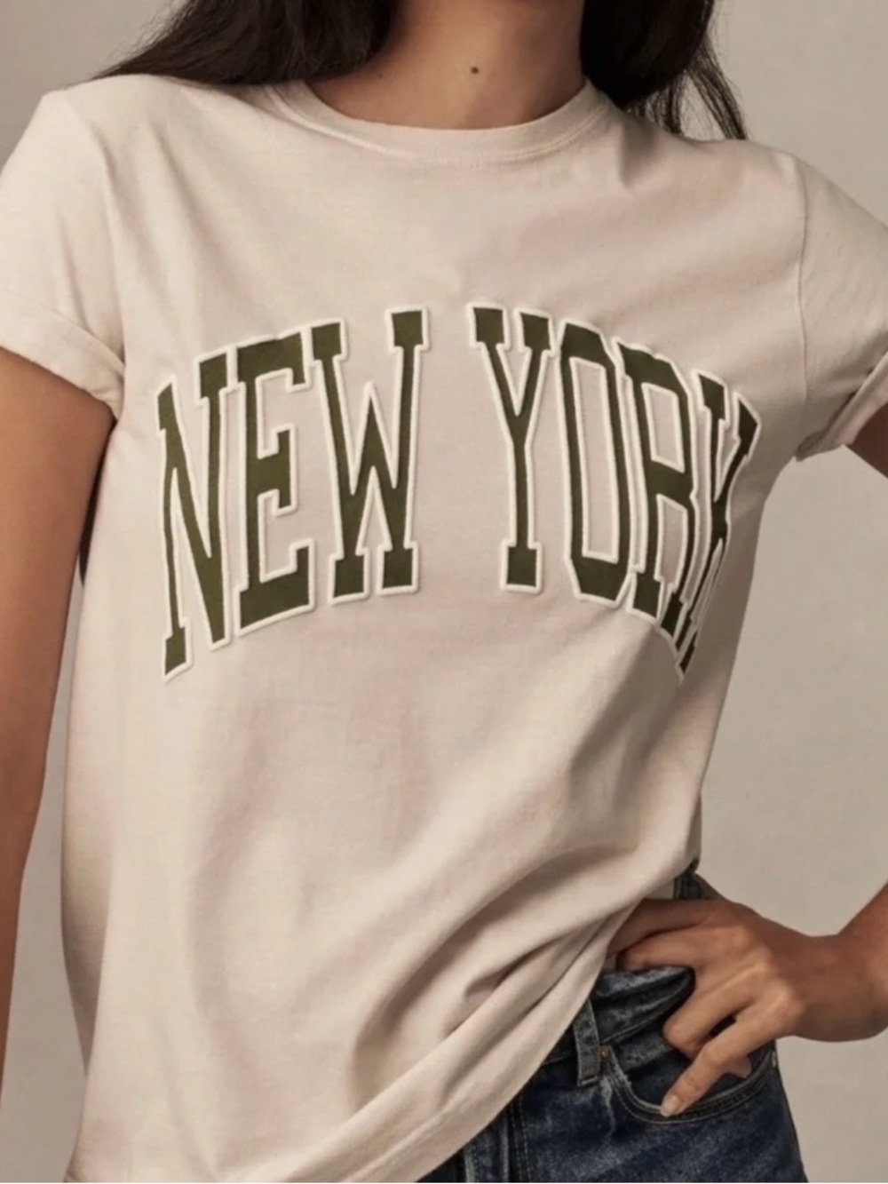 NWT Anthropologie Cream Tee Olive NEW YORK Size L City Chic Streetwear